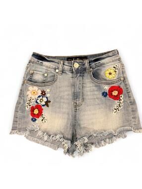 Indigo Rein Embroidered Floral Denim Cutoff Shorts Waist 25 Size 3